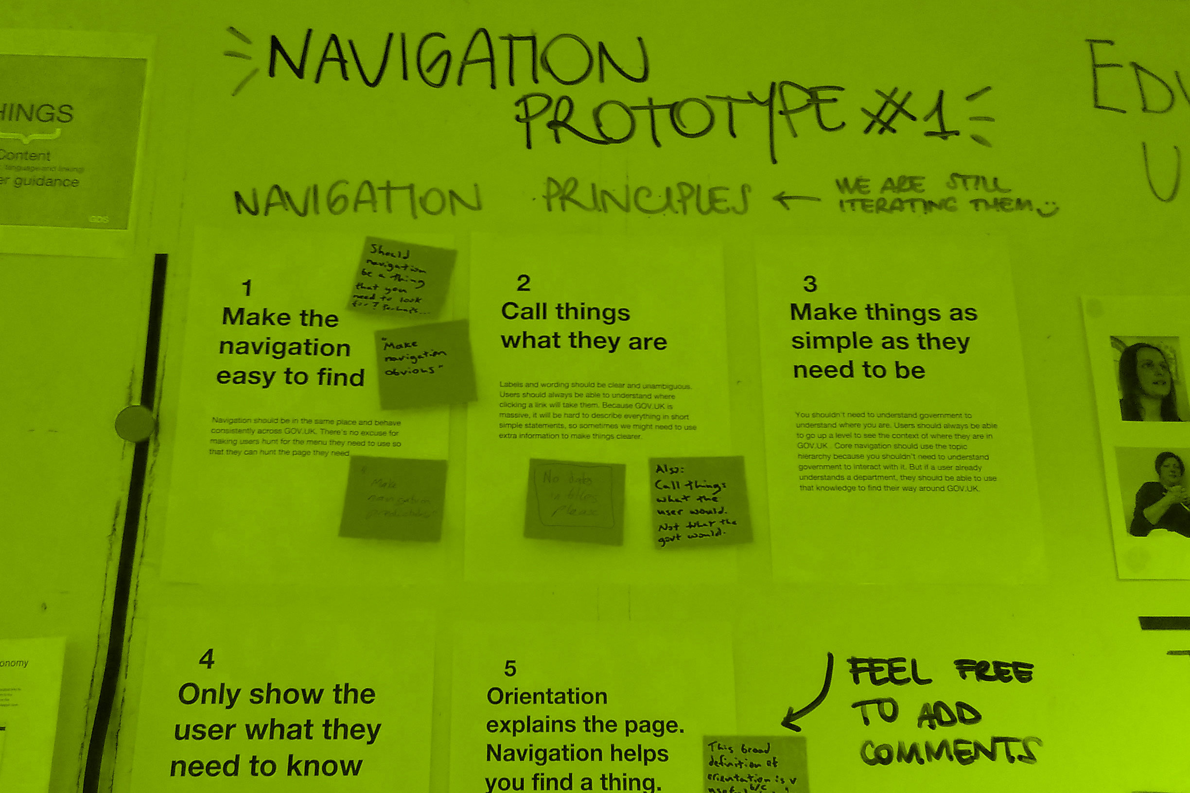 The principles for the navigation mission printed on sheets of paper and stuck on wall
